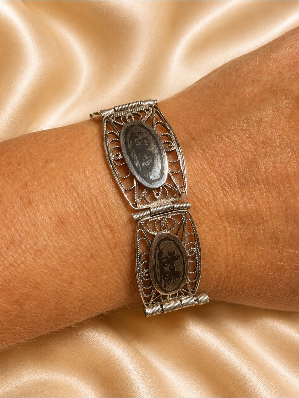 Vintage Egyptian Revival Silver Filigree Niello Scenic Panel Bracelet